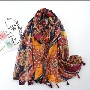 Tribal print multicolor sheer large scarf shawl wrap tassels